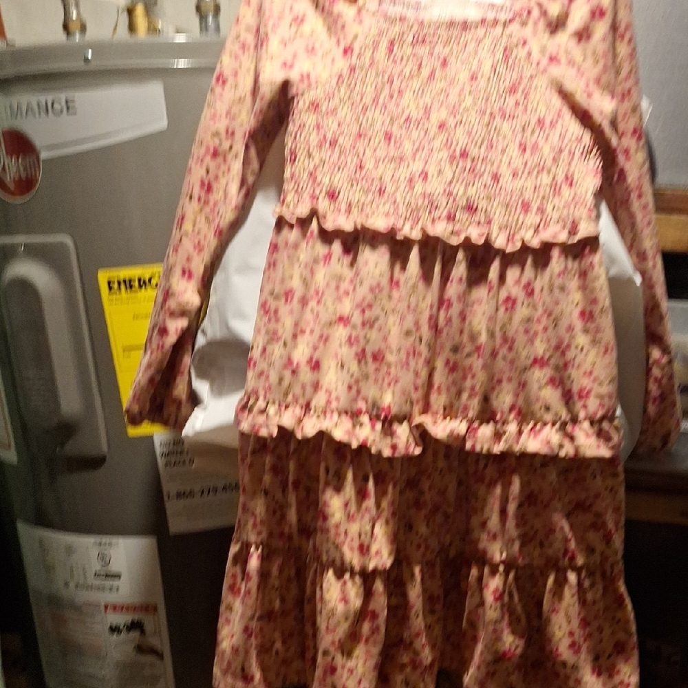 btween Pink Floral Tiered Long-Sleeve Dress